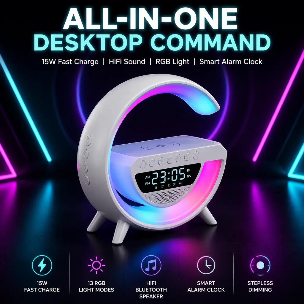 G-Shape Multifunctional Speaker Lamp | Portable USB Device, Wireless Charger, RGB Light, Alarm Clock & Bluetooth Speaker for Bedroom & Desk
