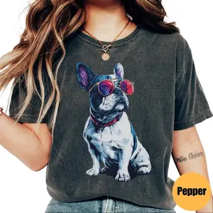 Cute French Bulldog Shirt, Funny Dog Lover Graphic Tee, Frenchie With Sunglasses T-Shirt, Comfort Colors Pepper Dog Tee, Trendy Puppy Lover Shirt, Vintage Style French Bulldog Shirt, Cool Frenchie Dog Mom Gift Tee