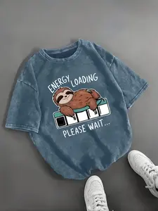 Women's Vintage Washed Cotton T-Shirt, Fun Sloth Letter Print Round Neck, Comfortable Breathable Casual Top for Summer