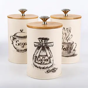 3-Piece Metal Canister Set for Kitchen Countertop, Coffee Sugar Tea Storage Containers, Bamboo Lids, Farmhouse Style Decor for Home & Office Use