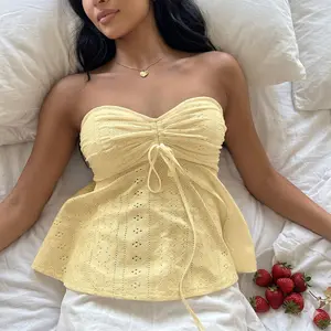 Women Tie Front Ruched Tube Top Strapless Flared HemPeplum Bandeau Tops embreigh yellow top BreathableChic mystery style bundle Fabric Fit Denim OutfitWomenswear Skirts tube top crop tops tube top westernoutfits women tank tops outfit clothes