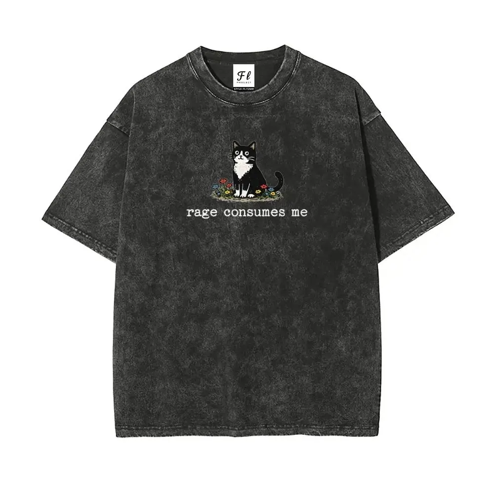 Men's Oversized Funny Cat Meme Print Short-Sleeve T-Shirt - Rage Consumes Me Unisex Round Neck Batik Cotton Casual Streetwear Top, Super Soft Pre-Shrunk, Tshirt