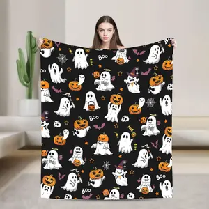 Halloween ghost pumpkin themed wrinkle-resistant multi-size flannel folded blanket, portable travel/luxury camping blanket