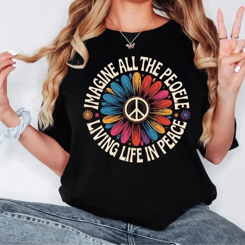 Men's Imagine Floral Daisy Sign Graphic T-Shirt - "Imagine All the People Living Life in Peace" Hippie Boho Apparel, Casual Soft Tops
