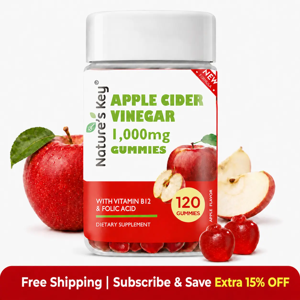 [Summer Sale] Nature's Key Chewable Apple Cider Vinegar Gummies, 120 Vegan Gummies with Vitamin B6, B12, Folic Acid, Beetroot, Pomegranate, Fiber, Gluten-Free, Metabolism & Daily Wellness Support, Easy-to-Take ACV Gummies