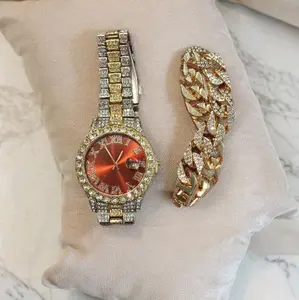 Gold & Silver Bling Men Watch and Gold Bling Bracelet with Rhinestone Accents and Elegant Design