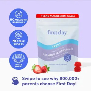 FIRST DAY Teens’ Nighttime Reset Calming Magnesium Gummies – Sleep Aid Supports Peaceful Rest, Balanced Mood & Energy – Supplement with Magnesium Citrate, Affron & No Melatonin – 30-Day Supply
