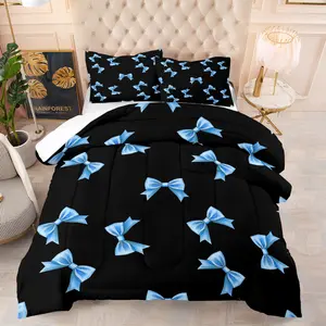 Soft Blue Bowknot Bedding Set, Bedroom Bedding Set, Includes Quilt and Pillowcases, Perfect for Kids & Adults, Birthday Moving Gift