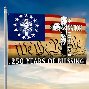 2D Flat One Nation Under God 250th Flag Banner, Patriotic Christian Blessing Design, No Electricity for Outdoor Yard House Party Decor