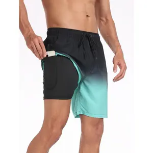 [Quick Dry Graphic Shorts] Men's Trendy Hawaiian Shorts With Drawstring And Pockets In Gradient Color, Quick Swim Trunks For Summer Beach, Pool Resort