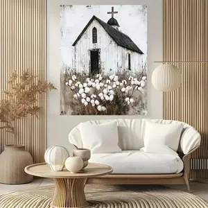 Vintage White Church with Black Roof and Cross Canvas Wall Art - Rustic Wood Frame Wrapped Canvas Painting, Farmhouse Home Decor for Living Room, Bedroom, Office . Ornaments Artistic Decoration Photo Print poster Modern Minimalist Design