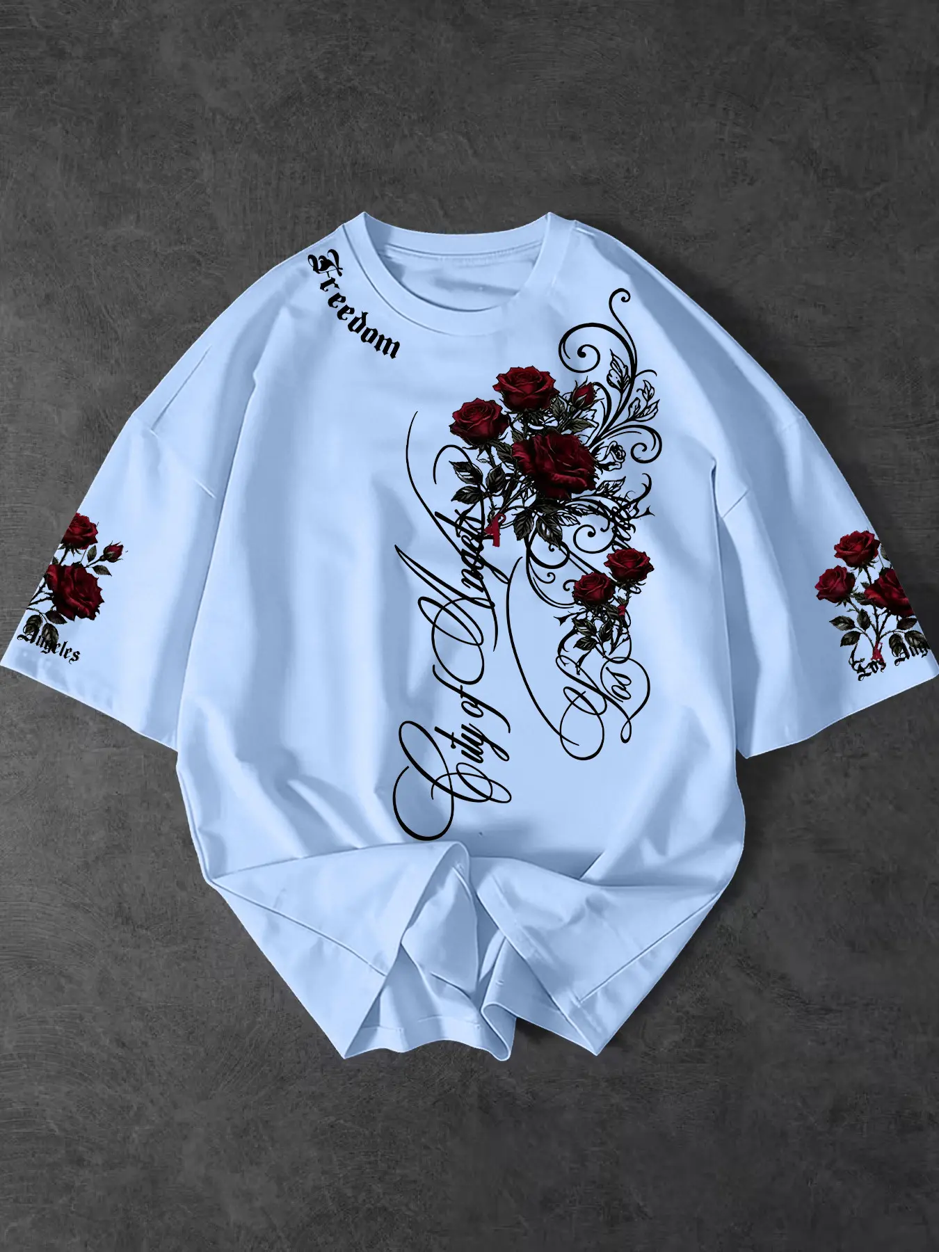 Men's City of Angels Gothic Rose Print Short Sleeve T-Shirt, Seamless Fit for Daily, Street Style Vibe, Casual, Loose-Fitting Oversized Summer Essential
