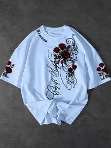 Men's City of Angels Gothic Rose Print Short Sleeve T-Shirt, Seamless Fit for Daily, Street Style, Loose-Fitting Summer Essential