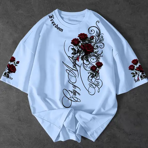 Men's City of Angels Gothic Rose Print Short Sleeve T-Shirt, Graphic Tees Apparel, Seamless Fit for Daily, Street Style Vibe, Casual, Loose-Fitting Oversized Summer Essential