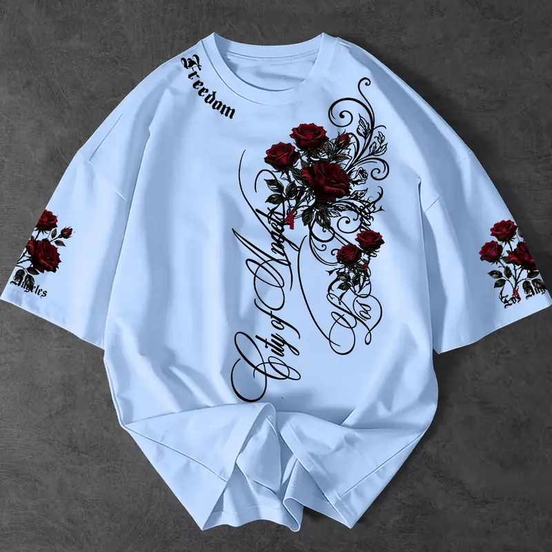 Men's City of Angels Gothic Rose Print Short Sleeve T-Shirt, Graphic Tees Apparel, Seamless Fit for Daily, Street Style Vibe, Casual, Loose-Fitting Oversized Summer Essential