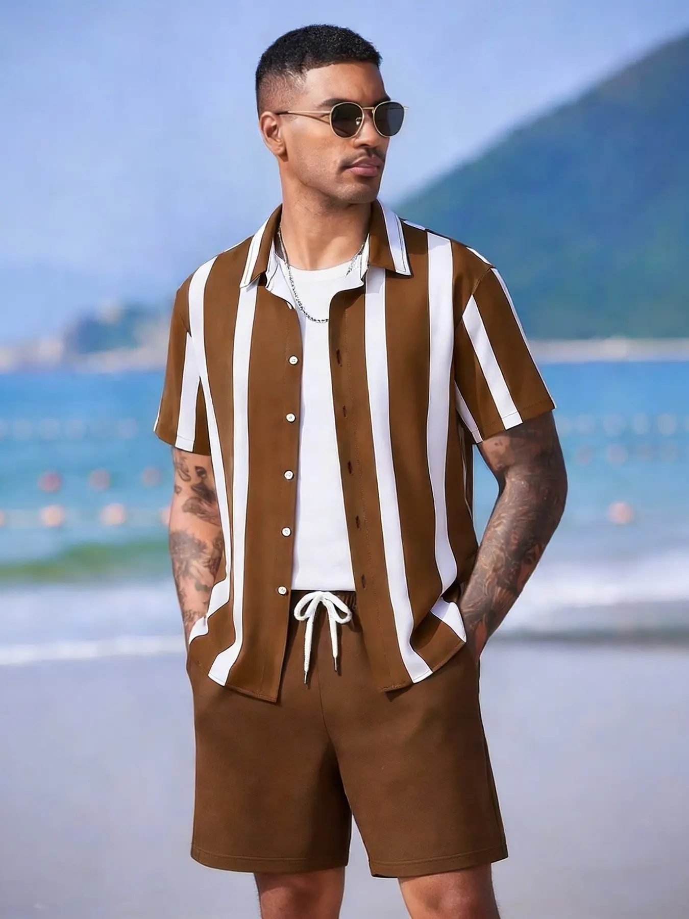 Men's Brown & White Vertical Stripe Home Loungewear 2-Piece Set - Short-Sleeve Lapel Button-Down Shirt + Elastic Drawstring Waist Solid Brown Shorts, Lightweight Breathable Fabric, Relaxed Retro Style, Casual, Ideal for Lazy Lounging, At-Home Relaxation