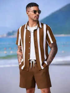 Men's Brown & White Vertical Stripe Home Loungewear 2-Piece Set - Short-Sleeve Button-Down Shirt + Elastic Drawstring Waist Brown Shorts, Lightweight Breathable Fabric, Relaxed, Casual, Retro Style, Ideal for Lazy Weekend Lounging, At-Home Relaxation