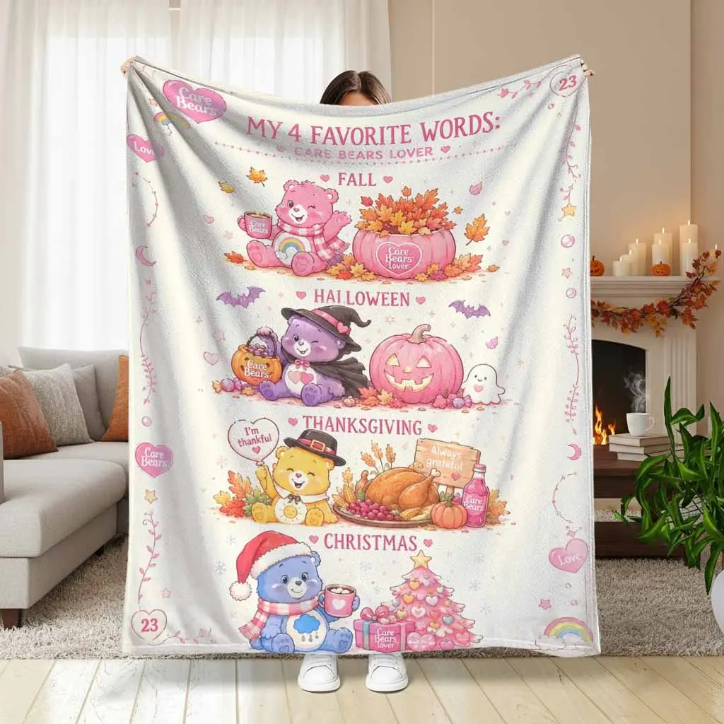 Care Bears Flannel Blanket Seasonal Characters Floral Print Plush Throw Super Soft Lightweight Cozy Bedding Perfect For Autumn Halloween Thanksgiving Holiday Parties Home Decor Living Room Sofa Bed Gift Ideas