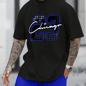 Chicago 23 Men's Graphic T-Shirt, 200g 100% Cotton Crewneck Tee, Bold Blue Number Print, Black Streetwear Short Sleeve Top for Summer Casual Unisex Outfits   Tropical Shortsleeve Menswear Checkered Classic Stylish