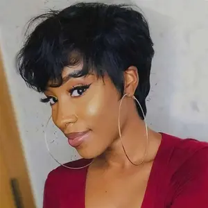 Cikana Hair Pixie Cut Wigs for Black Women Human Hair Short Bob Wig Human Hair Wigs with Bangs Layered Style Bob Wigs for Black Women Machine