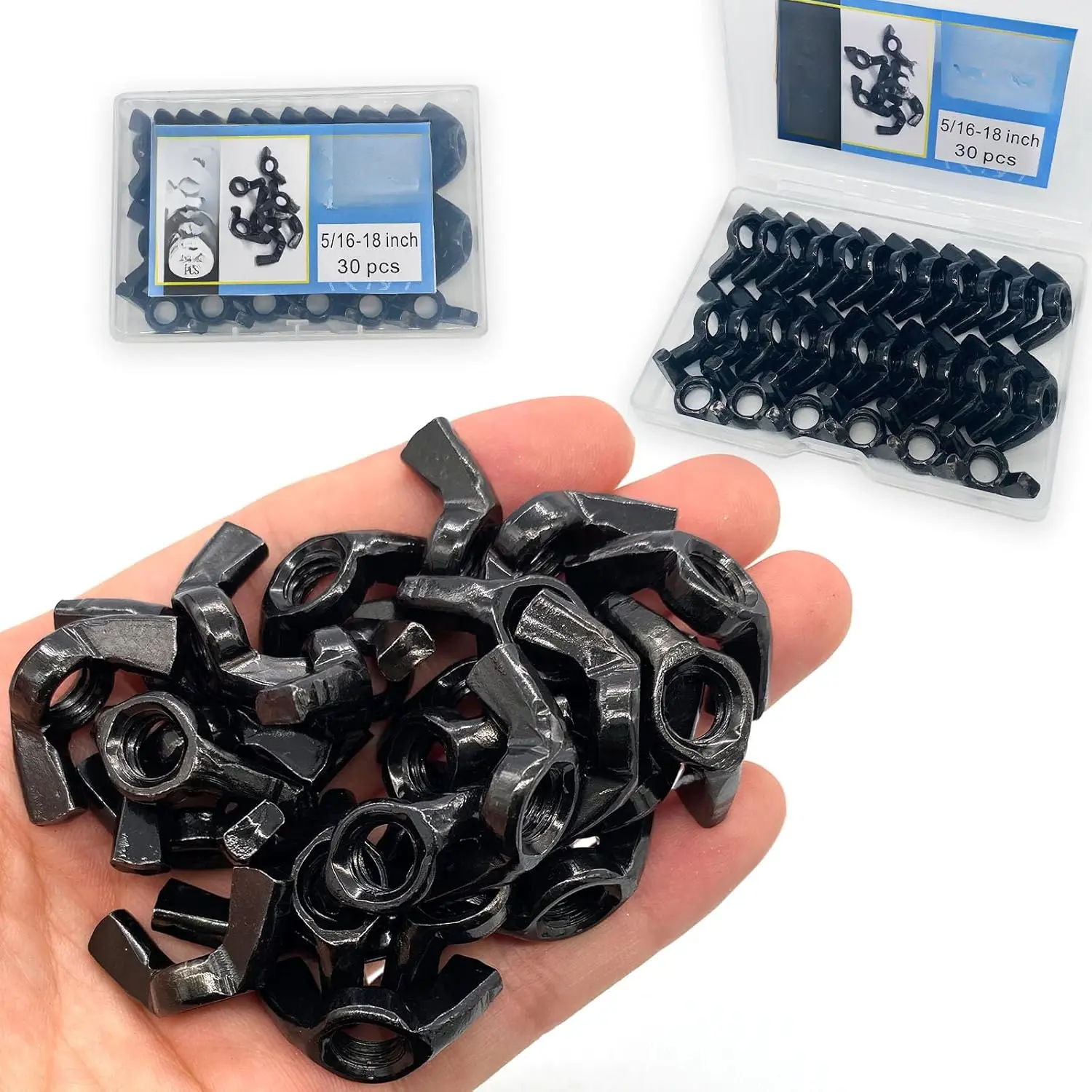 30 count 5/16-18 Inch Wingnuts, Quality Carbon Steel Wing Nuts Black Zinc Plated Fasteners Parts Butterfly Nut, Hand Twist Tighten Hardware Nuts Butterfly Wing-Nut 5/16-18" Assorted Kit