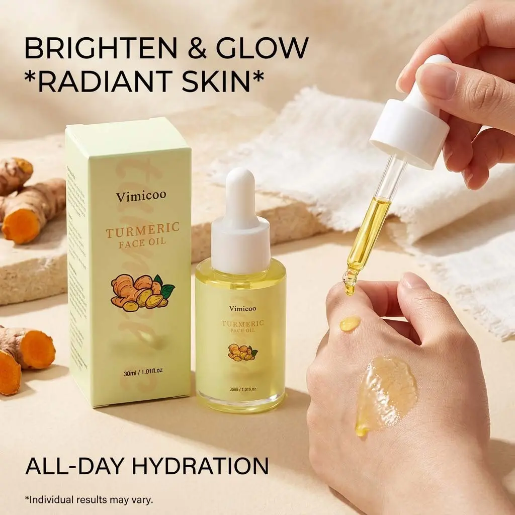 Vimicoo Turmeric Face Oil 30ml/1.01fl.oz, Natural Daily Hydrating & Antioxidant Facial Glow Oil with Jojoba & Macadamia Oil, Gentle Radiance Moisturizer, Fast Shipping from CA Moisture Serums Dewy Lightweight Skin Repair Hydrate Moisturizing anti-aging es