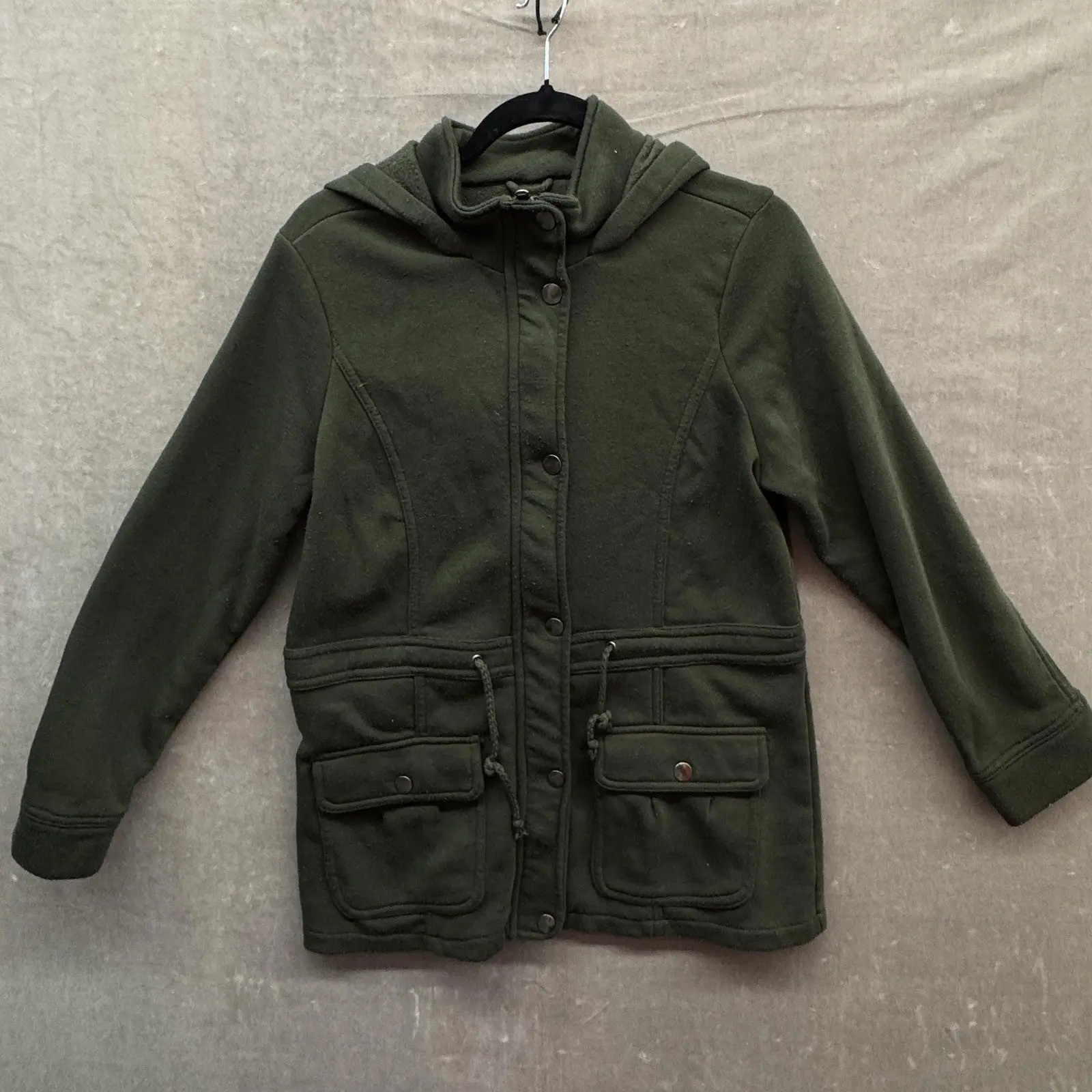 Miss ILI Jacket Womens Large Green Hooded Fleece Drawstring Waist Cargo Pockets