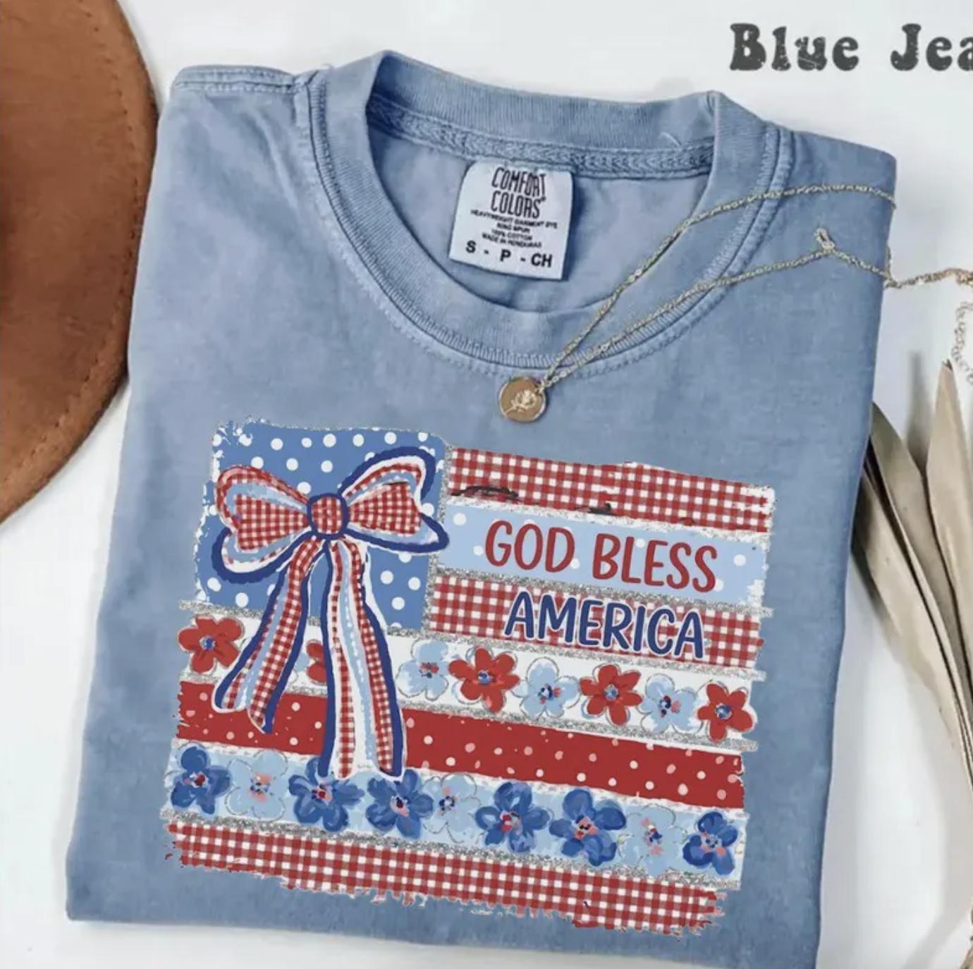 Comfort Colors God Bless the Usa Shirt, Coquette Patriotic Tee, 4th of July Cross Shirt, Christian America Shirt, Red White Blue Outfit, Gift for Her/Him, Full Color