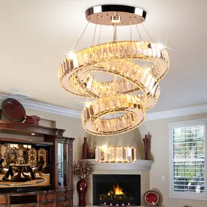 Modern Luxury 4-Ring Cool White LED Pendant Chandelier Adjustable Single Head Glass Square for High Ceilings Dining Living Room AC Powered Easy Hanging Installation Home Decor QH-MP021