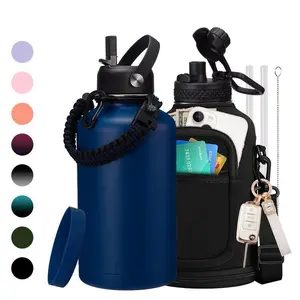 Half Gallon Vacuum Flask Water Bottle - Big Water Jug with Straw & Spout Lid, Paracord Handle, Carrier Bag, 32/40/64/128oz Stainless Steel Insulated Water Bottle