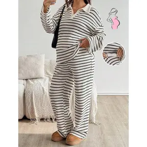 Winter 2pcs Maternity Casual Striped Loose Batwing Long Sleeve Top And Pants Sets