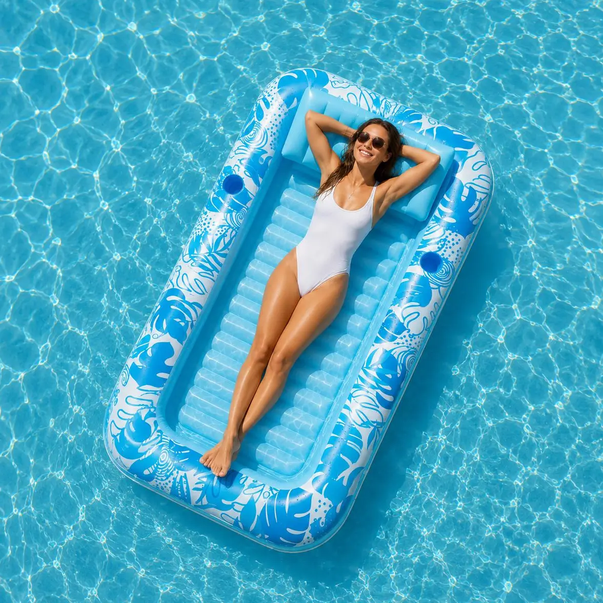 70"×46" 4 In 1 Inflatable Tanning Pool Lounger Float with Pillow, Adult Sunbathing Bed for Pool Party & Ball Pit