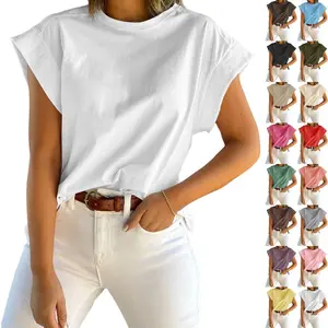 Imily Bela Womens Summer Cap Sleeve Tank Top Crew Neck Solid Casual Loose Fit Basic Tee Shirt