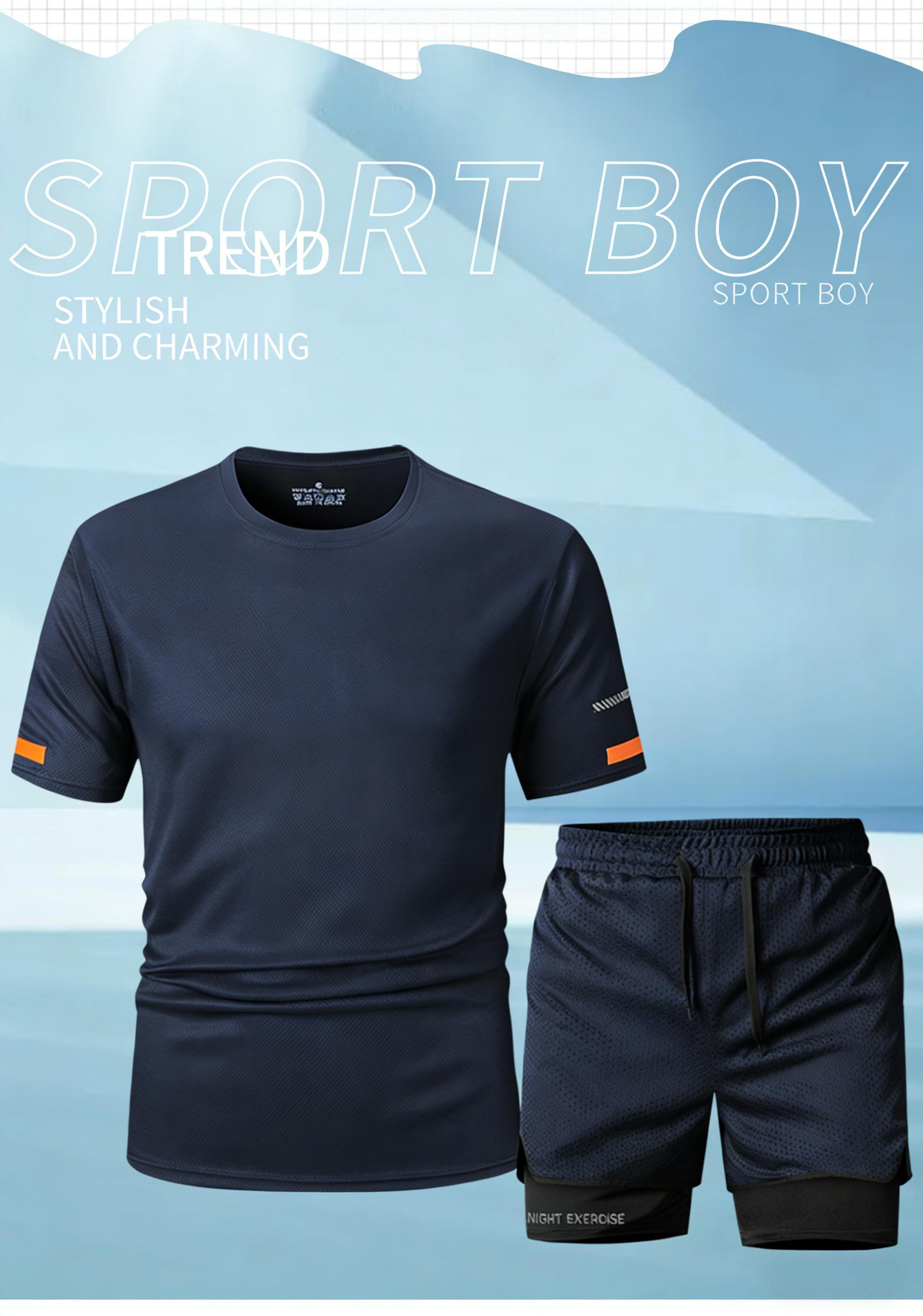 Men’s T-shirt and shorts set, regular fit, quick-drying, breathable, sweat-wicking; stylish sports-casual short-sleeve top and shorts combo—summer men’s apparel set.