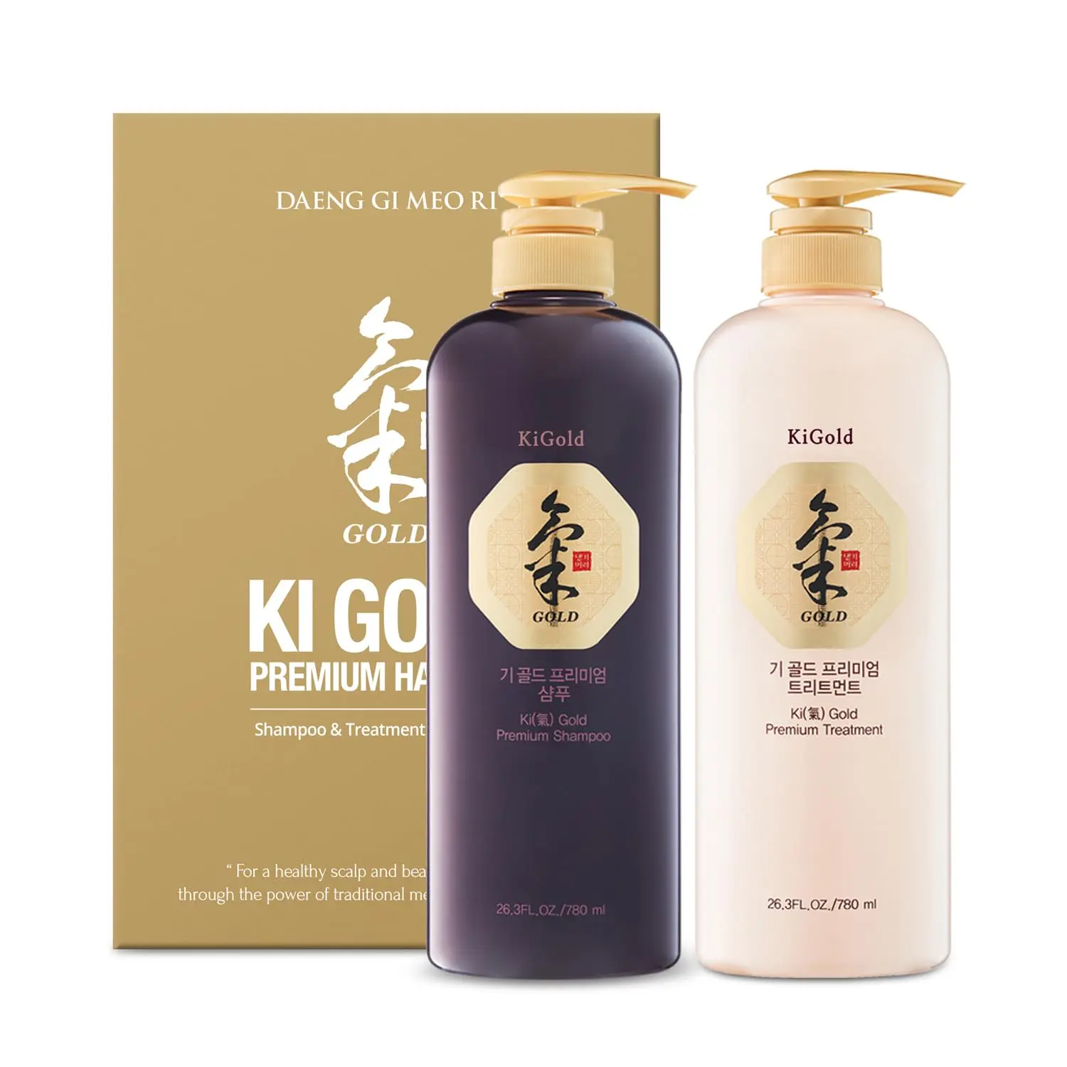 Daeng Gi Meo Ri Ki Gold Premium Korean Shampoo & Conditioner Set (780ml Each) - Herbal Hydrating, Moisture-Rich Anti-Hair Loss Haircare Bundle for Dry & Rough Hair, Ginseng Green Tea Menthol Scent, No Artificial Color, Smooth Results, Conditioning, Dandru