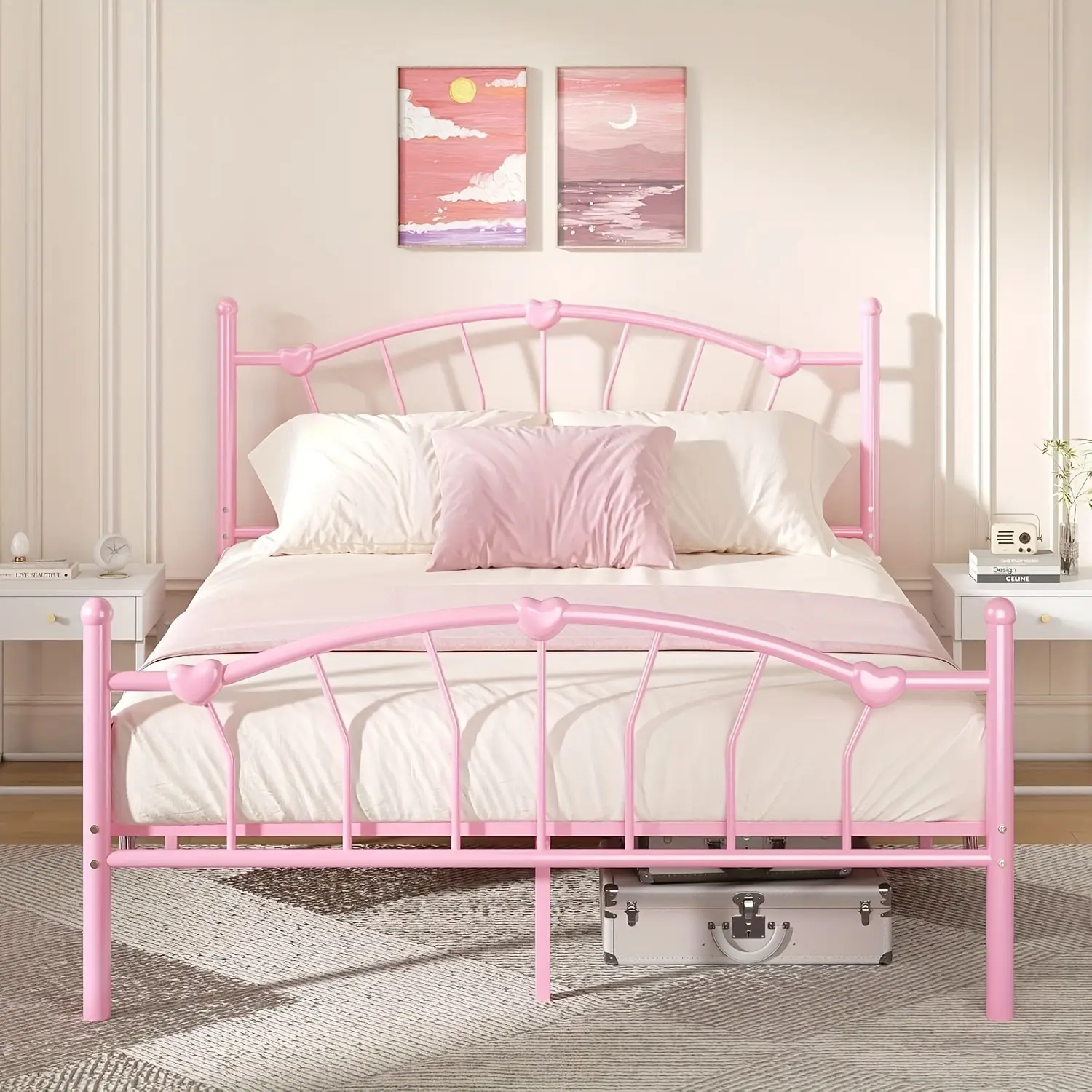 [DealsForYouDays][Summerwins] Hombck Twin Full Queen Size Metal Bed Frame, Queen Bed Frame with Headboard, Heart-Shaped Decorative Headboard and Footboard, Heavy Duty Metal Slat Support, No Box Spring Needed, Noise-Free, Easy Assembly, Pink/WHite/Purple