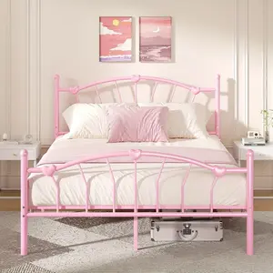 [DealsForYouDays][Summerwins] Hombck Twin Full Queen Size Metal Bed Frame, Queen Bed Frame with Headboard, Heart-Shaped Decorative Headboard and Footboard, Heavy Duty Metal Slat Support, No Box Spring Needed, Noise-Free, Easy Assembly, Pink/WHite/Purple