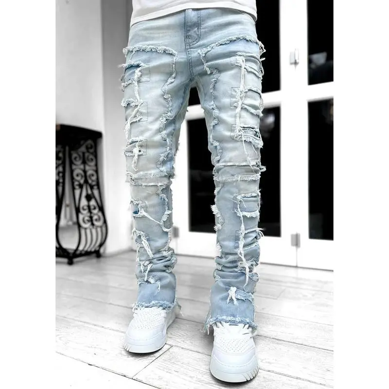 Men's Stretch Denim Jeans Pants - European & American Streetwear, Ins Hot Style, Patchwork Straight Leg, All Seasons, Standard Sizes Menswear Bottoms