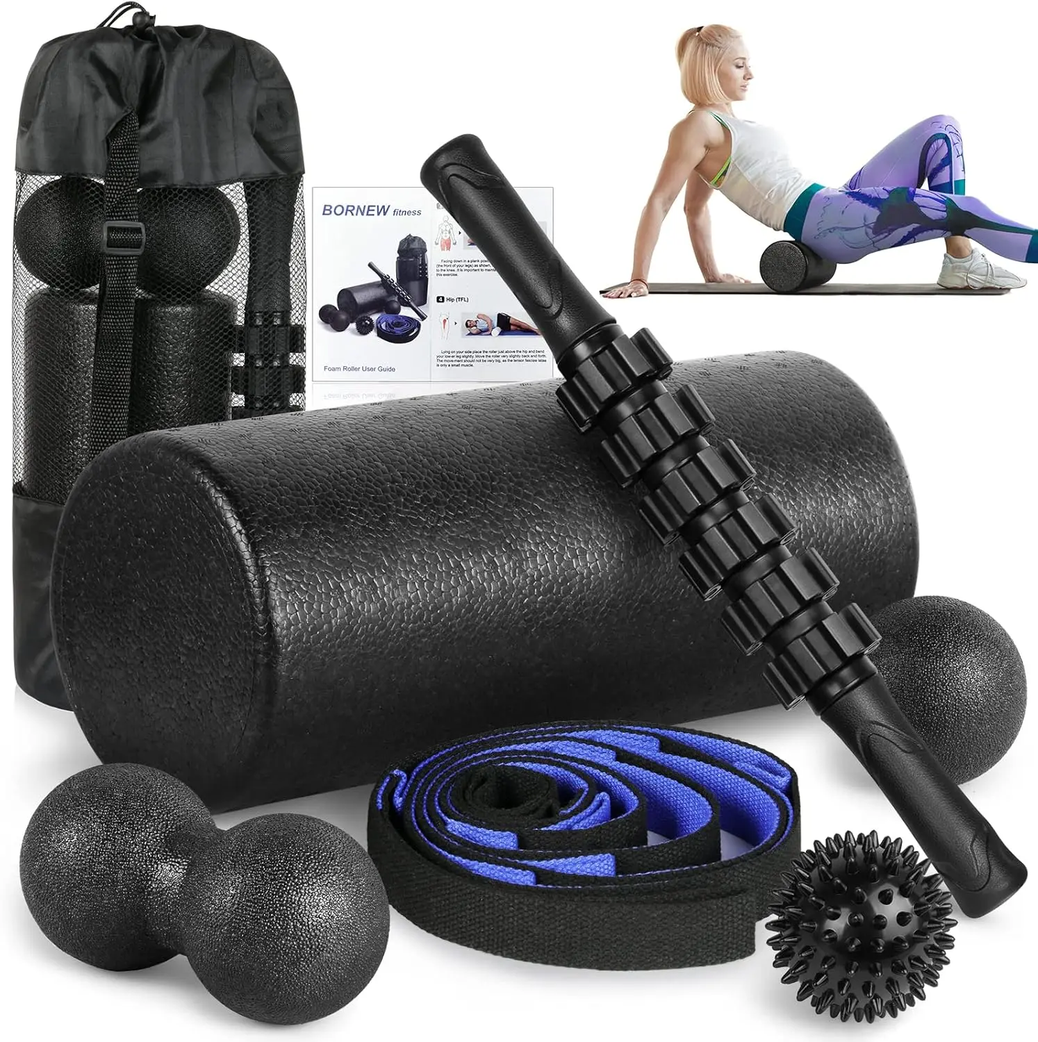 High-Density Foam Roller Set - Muscle Roller Stick, 2-in-1 Fasciitis Ball, Stretching Strap, 360° Spherical Massager, Over 10 Exercises for Easing Stress, Enhancing Blood Circulation, Improving Strength, Fitness Balance Training