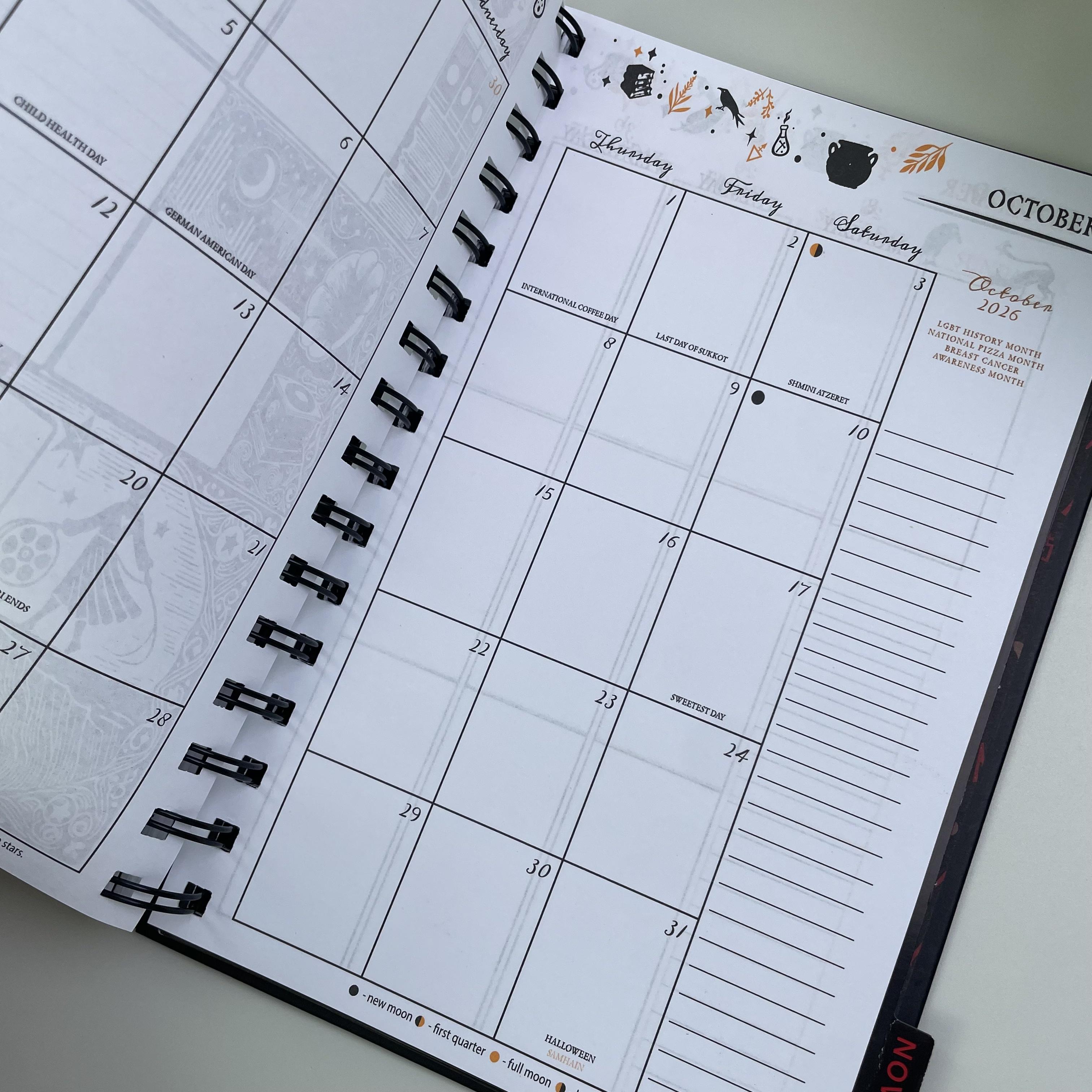 2026 Spiral Bound Planner, Astrology Moon Phase Clock Design, Weekly & Monthly Goal Planner, Witchy Aesthetic Journal, Lunar Calendar Notebook for Productivity, Self Care & Manifestation