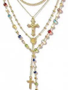 Layered Gold Cross Necklace Set of 4 Women's Fashion Bohemian Beads Pearl Y Long Pendant Necklace Set, Vintage Rosary Bead Necklace Stackable Adjustable Length