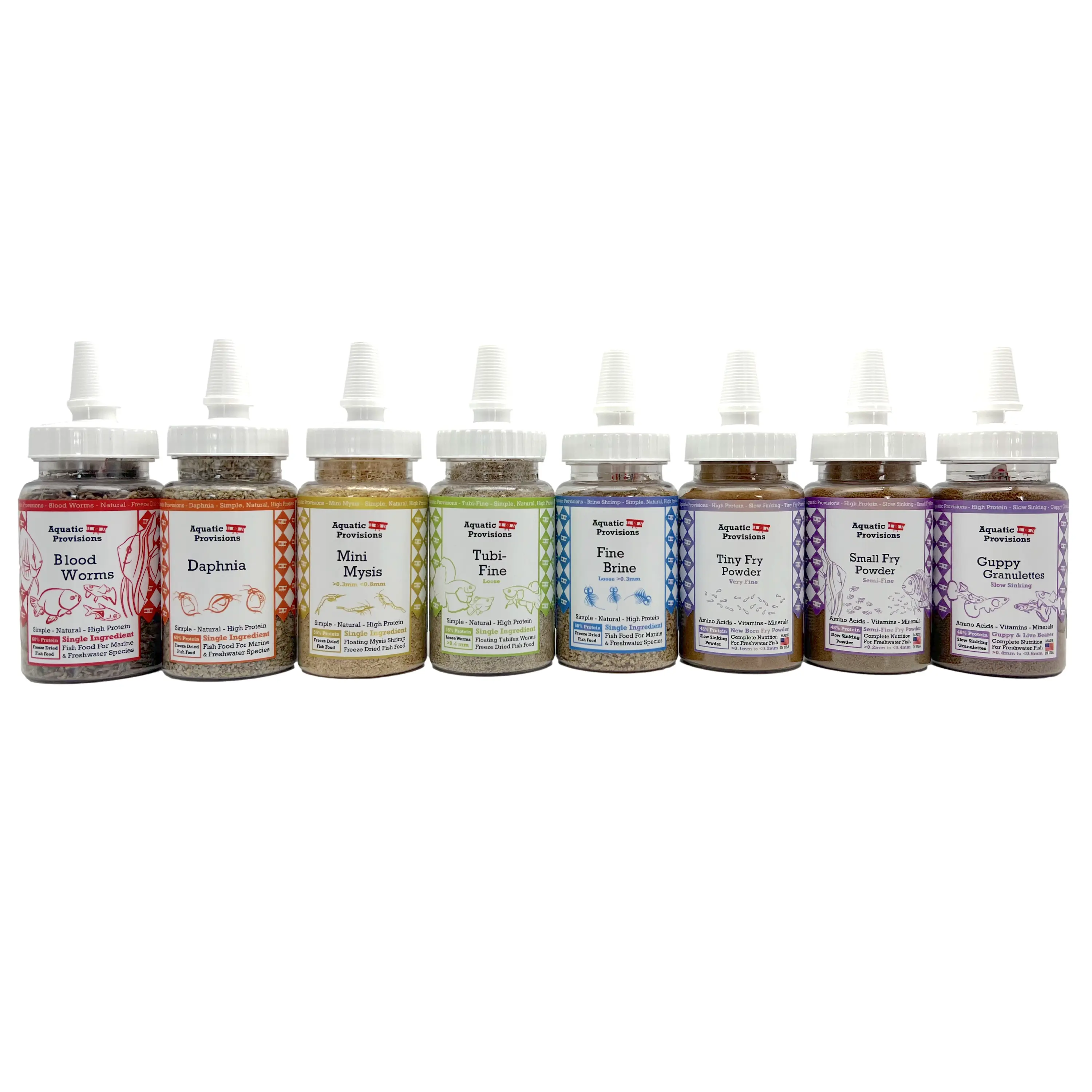 Ultimate Fancy Guppy Breeder Fish Food - Set of 8 Bottles - Bloodworms, Daphnia, Mysis Shrimp, Brine Shrimp, Tubifex worms, Tiny Fry Powder, Small Fry Powder, & Guppy Granulettes