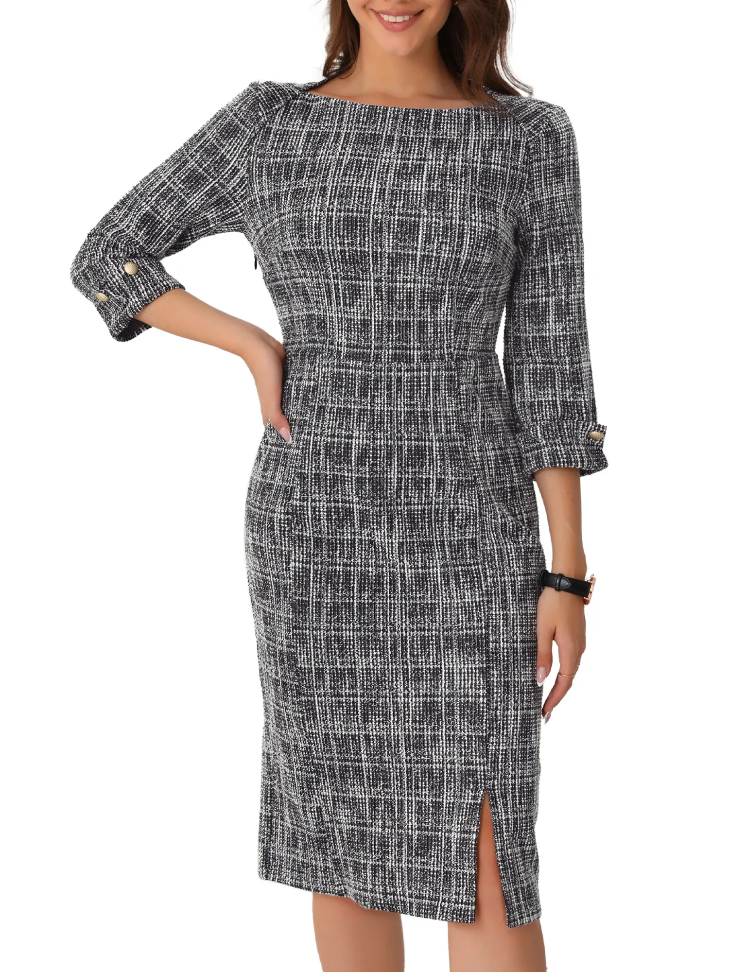 INSPIRE CHIC Women's Elegant Boat Neck 3/4 Sleeve Work Tweed Dress