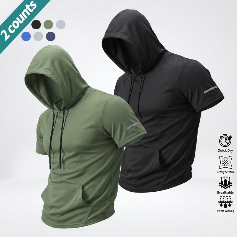 3-pack summer men’s solid-color minimalist versatile casual athletic tops: short-sleeve hooded sweatshirt, lightweight, comfortable slim fit for fitness and everyday wear