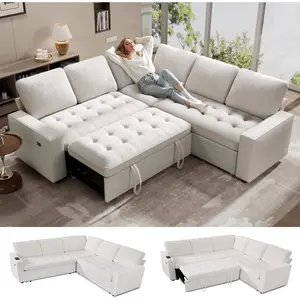 Seat Sectional Sleeper Sofa Bed with Pull Out Bed, Adjustable Backrest, USB Ports & Storage Seat, Chenille L Shaped Sectional Couches for Living Room, Tool-Free Assembly, Chenille Beige