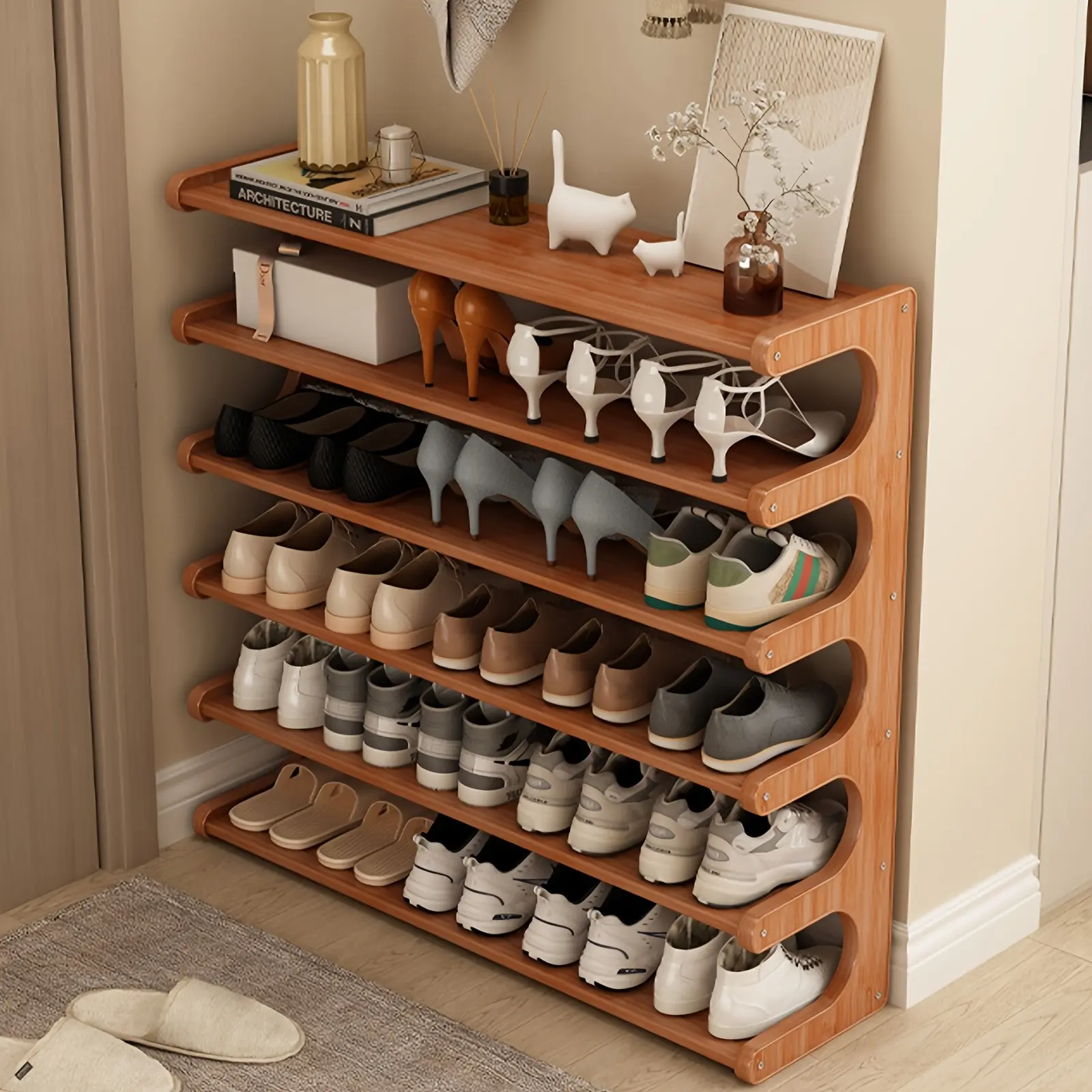 Bamboo Shoe Rack [Christmas Gift], Wood-grain finish shoe storage rack, 20" wide × 70", holds 15/24 pairs, easy to assemble, space-saving 5/6-tier shoe rack, suitable for front door entry, hallway, living room, bedroom, garage