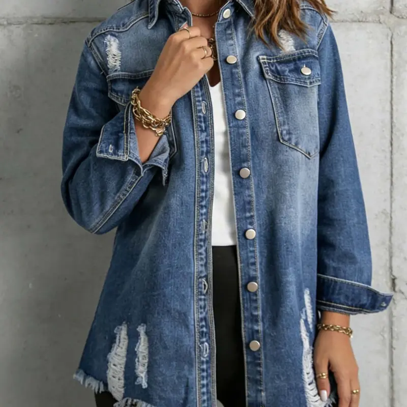 Women's Plus Size Denim Jacket Coats, Ripped Hem Design, Button Closure, Pockets, Slim-Fit, Long Raglan Sleeves, Solid Color, Autumn Winter Fashion, Casual Style Outerwear, Outerwear, Womenswear, Casual