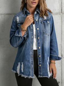 women's plus size denim jacket, ripped hem design, button closure, pockets, slim-fit, long raglan sleeves, solid color, autumn winter fashion