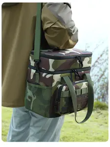 Double-Layer Lunch Bag Outdoor Camo Pattern Ice Pack Insulated Handheld Picnic Bag Large Capacity Shoulder Thermal Bag Soft Sided Cooler for All Seasons Tactical Lunch Bag