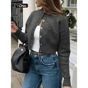 Women's Solid Color Round Neck Single Row Metal Button Ribbed Long Sleeve Loose Casual Knit Cardigan, Comfortable All Seasons Wear, Stylish and Versatile for Every Occasion, Womenswear